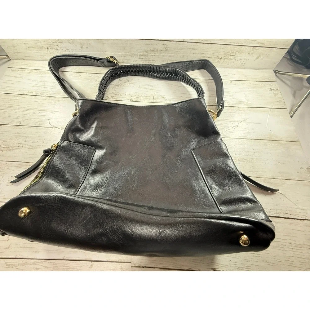 Black Faux Leather Hobo Bag Braided Handle Gold Hardware Crossbody‎ Shoulder Bag